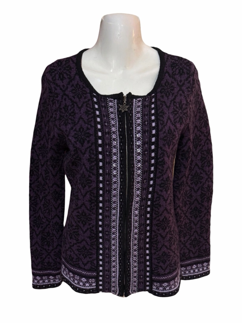 Coldwater Creek Purple and Black Patterned Zip Wool Cardigan Size S